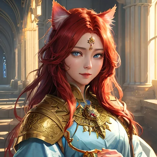 Prompt: oil painting, fantasy, Human girl, tanned-skinned-female, beautiful, red hair, straight hair, cat ears, rosy cheeks, smiling, looking at the viewer| Elemental star cleric wearing intricate glowing blue and white holy robes casting a healing spell, #3238, UHD, hd , 8k eyes, detailed face, big anime dreamy eyes, 8k eyes, intricate details, insanely detailed, masterpiece, cinematic lighting, 8k, complementary colors, golden ratio, octane render, volumetric lighting, unreal 5, artwork, concept art, cover, top model, light on hair colorful glamourous hyperdetailed medieval city background, intricate hyperdetailed breathtaking colorful glamorous scenic view landscape, ultra-fine details, hyper-focused, deep colors, dramatic lighting, ambient lighting god rays, flowers, garden | by sakimi chan, artgerm, wlop, pixiv, tumblr, instagram, deviantart