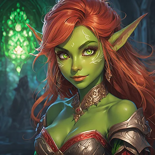 Prompt: ink painting, D&D fantasy, cute young ((green-skinned-goblin girl)), green-skinned-female, short petite body slender, beautiful, ((beautiful detailed face and large anime eyes)) long wavy fiery red hair, smiling, pointed ears, looking at the viewer, cleric wearing intricate adventurer outfit, intricate hyper detailed hair, intricate hyper detailed eyelashes, intricate hyper detailed shining pupils #3238, UHD, hd , 8k eyes, detailed face, big anime dreamy eyes, 8k eyes, intricate details, insanely detailed, masterpiece, cinematic lighting, 8k, complementary colors, golden ratio, octane render, volumetric lighting, unreal 5, artwork, concept art, cover, top model, light on hair colorful glamourous hyperdetailed, intricate hyperdetailed breathtaking colorful glamorous scenic view landscape, ultra-fine details, hyper-focused, deep colors, dramatic lighting, ambient lighting god rays, | by sakimi chan, artgerm, wlop, pixiv, tumblr, instagram, deviantart