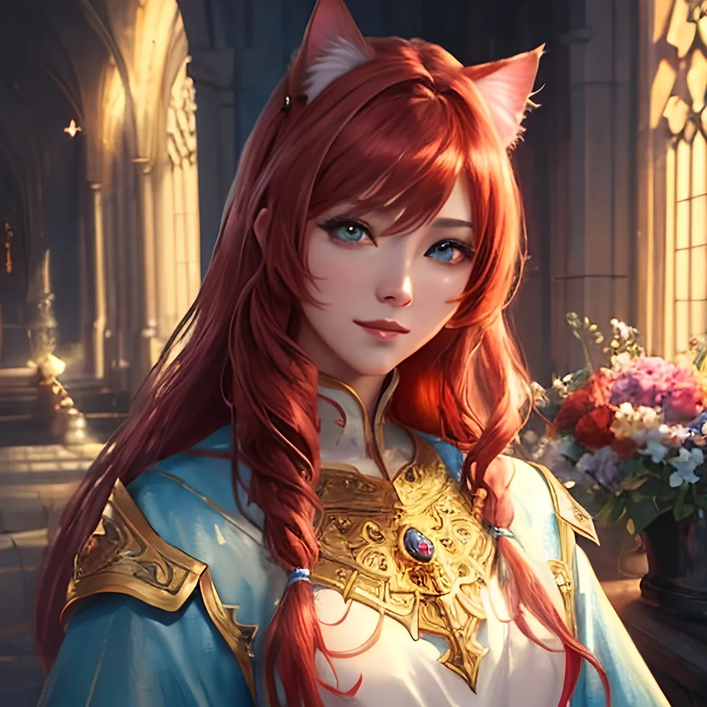 Prompt: oil painting, fantasy, Human girl, tanned-skinned-female, beautiful, red hair, straight hair, cat ears, rosy cheeks, smiling, looking at the viewer| Elemental star cleric wearing intricate glowing blue and white holy robes casting a healing spell, #3238, UHD, hd , 8k eyes, detailed face, big anime dreamy eyes, 8k eyes, intricate details, insanely detailed, masterpiece, cinematic lighting, 8k, complementary colors, golden ratio, octane render, volumetric lighting, unreal 5, artwork, concept art, cover, top model, light on hair colorful glamourous hyperdetailed medieval city background, intricate hyperdetailed breathtaking colorful glamorous scenic view landscape, ultra-fine details, hyper-focused, deep colors, dramatic lighting, ambient lighting god rays, flowers, garden | by sakimi chan, artgerm, wlop, pixiv, tumblr, instagram, deviantart