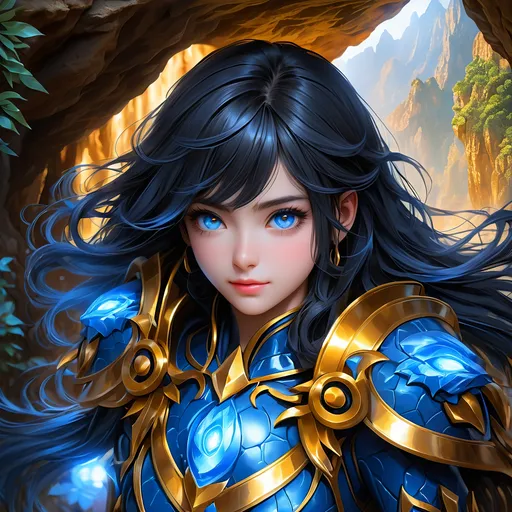 Prompt: Full body visible, oil painting, young 20 years old girl, blue-skinned-female, blue-skinned-female, ((beautiful detailed face and glowing gold anime eyes)), short dark black hair, predatory smile, looking at the viewer, intricate detailed leather clothes, intricate hyper detailed hair, intricate hyper detailed eyelashes, intricate hyper detailed shining pupils, #3238, UHD, hd , 8k eyes, detailed face, big anime dreamy eyes, 8k eyes, intricate details, insanely detailed, masterpiece, cinematic lighting, 8k, complementary colors, golden ratio, octane render, volumetric lighting, unreal 5, artwork, concept art, cover, top model, light on hair colorful glamourous hyperdetailed cave background, intricate hyperdetailed cave background, ultra-fine details, hyper-focused, deep colors, dramatic lighting, ambient lighting | by sakimi chan, artgerm, wlop, pixiv, tumblr, instagram, deviantart