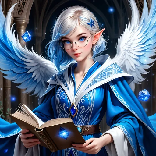 Prompt: Full Body, oil painting, D&D fantasy, very cute, young 28 years old elf female ((fair-skinned-elf girl)) wizard, fair-skinned-female, slender, ((beautiful detailed face and large glowing blue eyes)), rosy cheeks, reading glasses, deep sapphire blue hair in a pixie cut, determined look, pointed ears, looking at the viewer, intricate detailed shapely blue and white flowing wizard robes, intricate hyper detailed hair, intricate hyper detailed eyelashes, intricate hyper detailed shining pupils #3238, UHD, hd , 8k eyes, detailed face, big anime dreamy eyes, 8k eyes, intricate details, insanely detailed, masterpiece, cinematic lighting, 8k, complementary colors, golden ratio, octane render, volumetric lighting, unreal 5, artwork, concept art, cover, top model, light on hair colorful glamourous hyperdetailed wizard's study background, intricate hyperdetailed breathtaking wizard's study background, ultra-fine details, hyper-focused, deep colors, dramatic lighting, ambient lighting god rays, | by sakimi chan, artgerm, wlop, pixiv, tumblr, instagram, deviantart