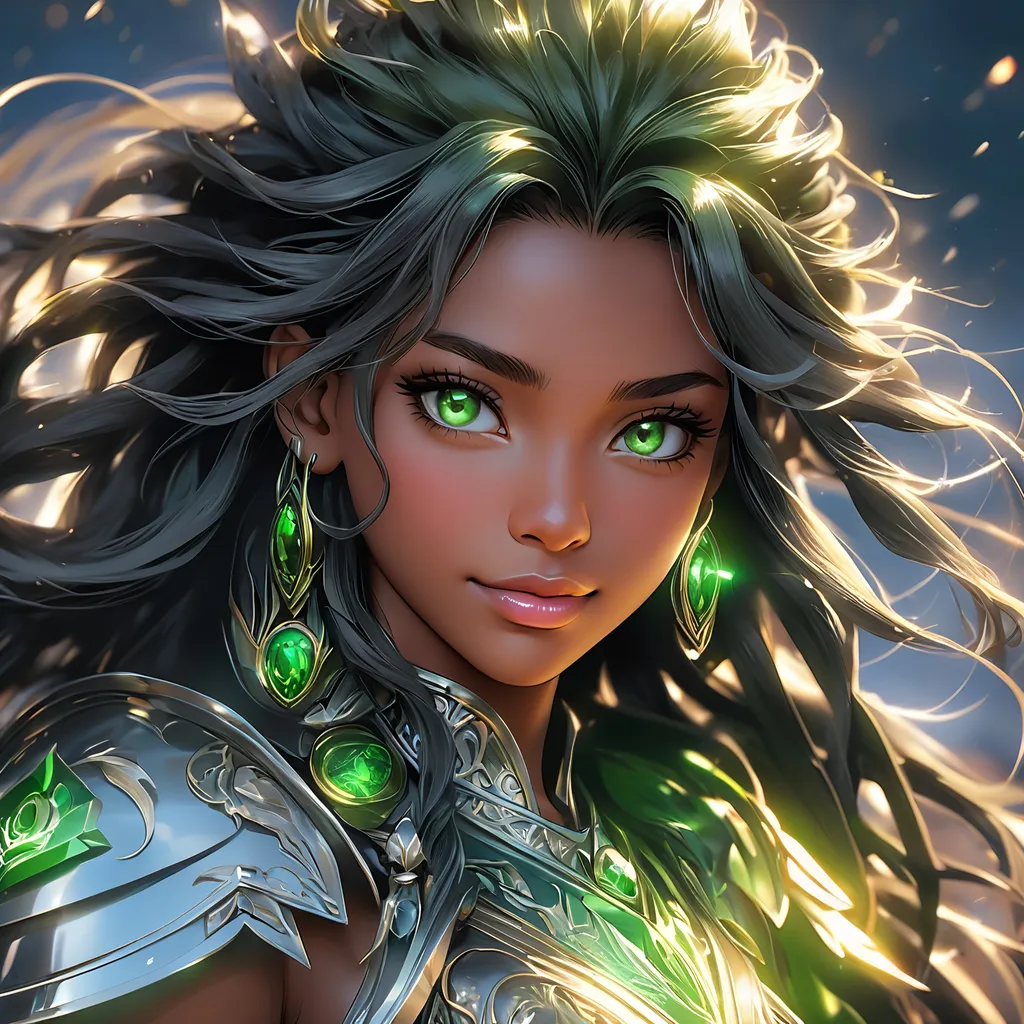 Prompt: Full body, oil painting, young 30 years old Human black girl, black-skinned-female, ((beautiful detailed face and glowing anime green eyes)), dreadlocks black hair, rosy cheeks, smiling, looking at the viewer| shinning silver plate mail, intricate hyper detailed hair, intricate hyper detailed eyelashes, intricate hyper detailed shining pupils, #3238, UHD, hd , 8k eyes, detailed face, big anime dreamy eyes, 8k eyes, intricate details, insanely detailed, masterpiece, cinematic lighting, 8k, complementary colors, golden ratio, octane render, volumetric lighting, unreal 5, artwork, concept art, cover, top model, light on hair colorful glamourous hyperdetailed ((Battlefield)) background, intricate hyperdetailed battlefield, ultra-fine details, hyper-focused, deep colors, dramatic lighting, ambient lighting god rays | by sakimi chan, artgerm, wlop, pixiv, tumblr, instagram, deviantart