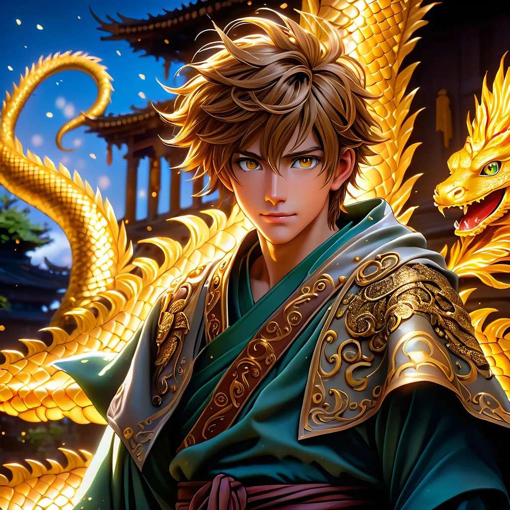 Prompt: Full body visible, oil painting, D&D fantasy, 22 years old mongrel man, ((Left side of the face covered in lizard scales)), ((rugged detailed face and glowing gold anime eyes)), short chestnut hair, wise smile, looking at the viewer, intricate detailed cloth monk robes, intricate hyper detailed hair, intricate hyper detailed eyelashes, intricate hyper detailed shining pupils, #3238, UHD, hd , 8k eyes, detailed face, big anime dreamy eyes, 8k eyes, intricate details, insanely detailed, masterpiece, cinematic lighting, 8k, complementary colors, golden ratio, octane render, volumetric lighting, unreal 5, artwork, concept art, cover, top model, light on hair colorful glamourous hyperdetailed house ruins background, intricate hyperdetailed house ruins background, ultra-fine details, hyper-focused, deep colors, dramatic lighting, ambient lighting | by sakimi chan, artgerm, wlop, pixiv, tumblr, instagram, deviantart