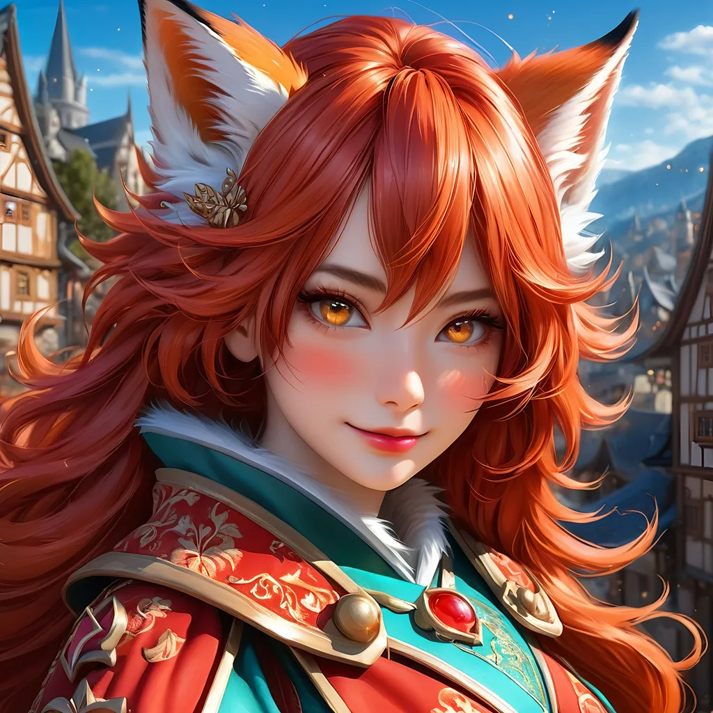 Prompt: Full body visible, oil painting, 26 years old ((anthropomorphic furry fox girl, Fantasy, Kitsune fox girl)), ((anthropomorphic)), detailed fuzzy red fur, ((beautiful detailed face with fox muzzle and anime eyes)), short fiery red pixie cut hair, grinning and pondering the universe, looking into the distance, intricate detailed wizard outfit, intricate hyper detailed hair, intricate hyper detailed eyelashes, intricate hyper detailed shining pupils, #3238, UHD, hd , 8k eyes, detailed face, big anime dreamy eyes, 8k eyes, intricate details, insanely detailed, masterpiece, cinematic lighting, 8k, complementary colors, golden ratio, octane render, volumetric lighting, unreal 5, artwork, concept art, cover, top model, light on hair colorful glamourous hyperdetailed medieval town background, intricate hyperdetailed medieval town background, ultra-fine details, hyper-focused, deep colors, dramatic lighting, ambient lighting | by sakimi chan, artgerm, wlop, pixiv, tumblr, instagram, deviantart