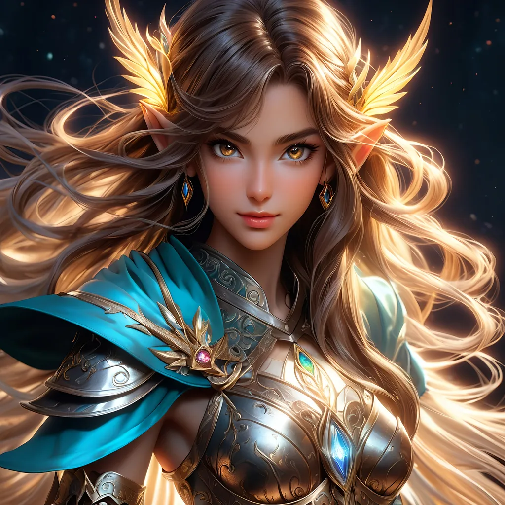 Prompt: Full Body visible, oil painting, D&D fantasy,  ((tanned-skinned-elf noble)), tanned-skinned-female, slender, ((beautiful detailed face and large dark anime eyes)) long wavy dark brown hair, sinister smile, pointed ears, looking at the viewer, wearing adventurer's outfit with rapier in hand, intricate hyper detailed hair, intricate hyper detailed eyelashes, intricate hyper detailed shining pupils #3238, UHD, hd , 8k eyes, detailed face, big anime dreamy eyes, 8k eyes, intricate details, insanely detailed, masterpiece, cinematic lighting, 8k, complementary colors, golden ratio, octane render, volumetric lighting, unreal 5, artwork, concept art, cover, top model, light on hair colorful glamourous hyperdetailed, intricate hyperdetailed breathtaking colorful  villa, ultra-fine details, hyper-focused, deep colors, dramatic lighting, ambient lighting god rays, | by sakimi chan, artgerm, wlop, pixiv, tumblr, instagram, deviantart