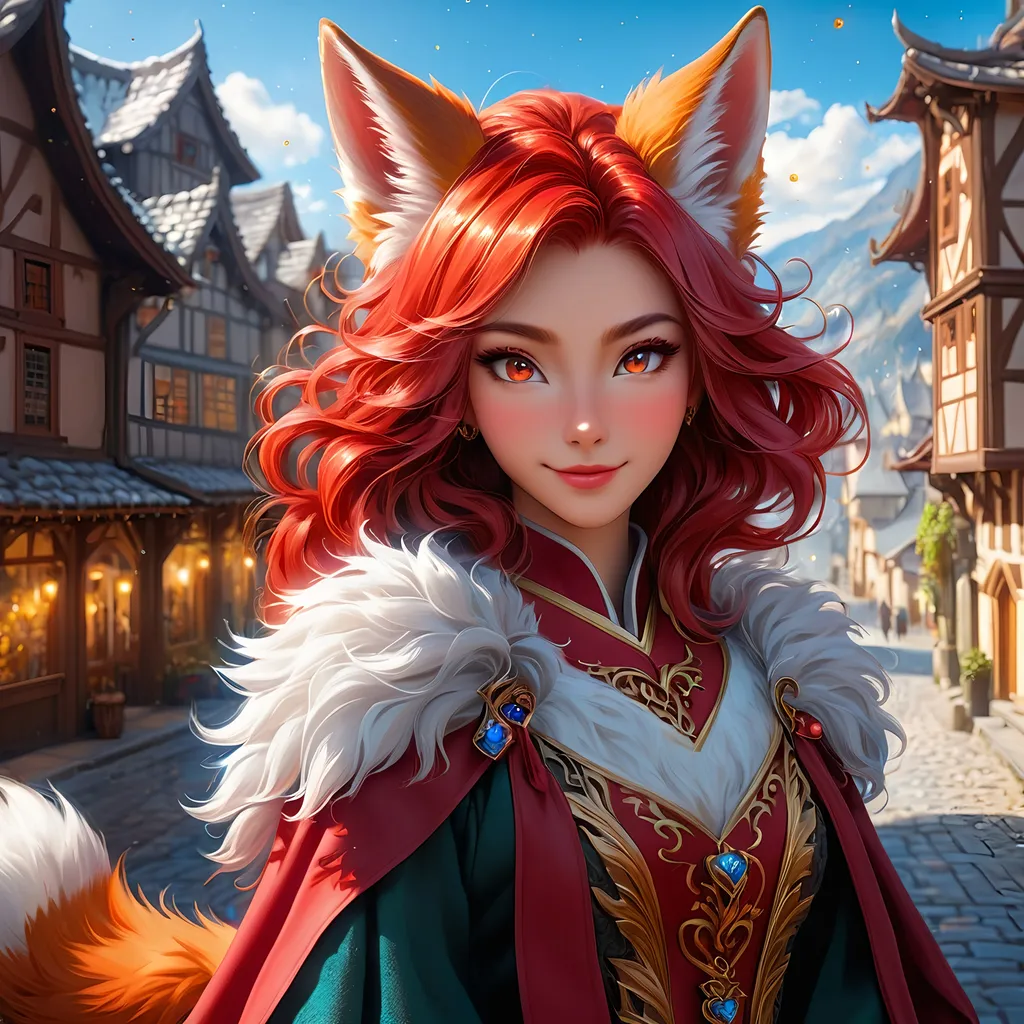 Prompt: Full body visible, oil painting, 26 years old ((anthropomorphic furry fox, Fantasy, Kitsune fox female)), ((anthropomorphic)), detailed fuzzy bright red fur, ((beautiful detailed face with fox bright red haired muzzle and anime eyes)), long fiery red pixie cut hair, grinning and pondering the universe, looking into the distance, intricate detailed wizard outfit, intricate hyper detailed hair, intricate hyper detailed eyelashes, intricate hyper detailed shining pupils, #3238, UHD, hd , 8k eyes, detailed face, big anime dreamy eyes, 8k eyes, intricate details, insanely detailed, masterpiece, cinematic lighting, 8k, complementary colors, golden ratio, octane render, volumetric lighting, unreal 5, artwork, concept art, cover, top model, light on hair colorful glamourous hyperdetailed medieval town background, intricate hyperdetailed medieval town background, ultra-fine details, hyper-focused, deep colors, dramatic lighting, ambient lighting | by sakimi chan, artgerm, wlop, pixiv, tumblr, instagram, deviantart