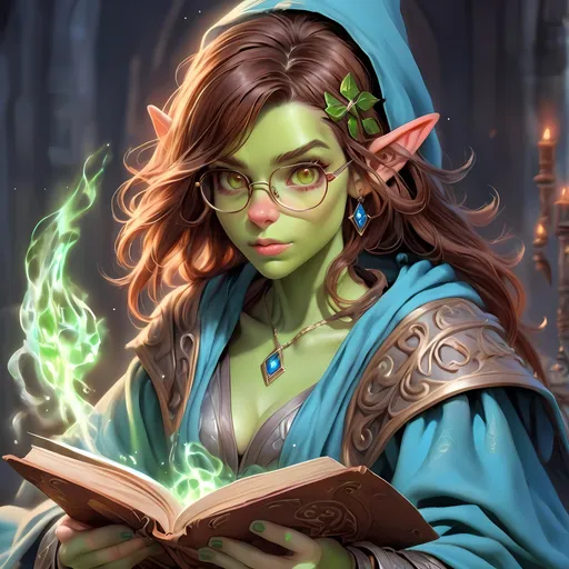 Prompt: Full Body, oil painting, D&D fantasy, very cute, 22 years old half-orc female ((green-skinned-half orc girl)) Wizard, green-skinned-female, ((beautiful detailed face and large glowing brown eyes)), Glasses, rosy cheeks, long rich brown hair, small short pointed ears, ((large tusks)), Determined and concentrating while reading a spell book, intricate detailed shapely ((Blue Wizard robes)), intricate hyper detailed hair, intricate hyper detailed eyelashes, intricate hyper detailed shining pupils #3238, UHD, hd , 8k eyes, detailed face, big anime dreamy eyes, 8k eyes, intricate details, insanely detailed, masterpiece, cinematic lighting, 8k, complementary colors, golden ratio, octane render, volumetric lighting, unreal 5, artwork, concept art, cover, top model, light on hair colorful glamourous hyperdetailed  inside a Wizard tower background, intricate hyperdetailed inside of a Wizard tower background, ultra-fine details, hyper-focused, deep colors, dramatic lighting, ambient lighting god rays, | by sakimi chan, artgerm, wlop, pixiv, tumblr, instagram, deviantart