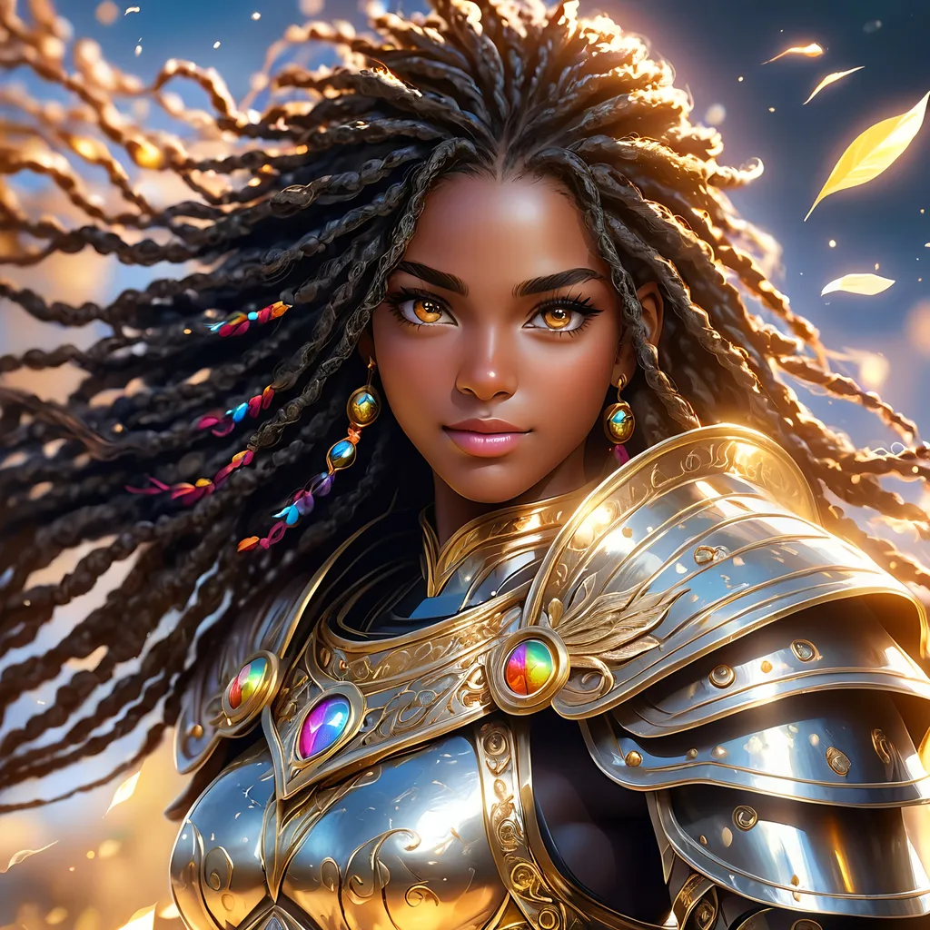 Prompt: Full body, oil painting, young 22 years old Human black girl, black-skinned-female, Holy warrior ((beautiful detailed face and glowing anime eyes)), dreadlocks black hair, rosy cheeks, smiling, looking at the viewer| shinning silver plate mail holding magical longsword and shield, intricate hyper detailed hair, intricate hyper detailed eyelashes, intricate hyper detailed shining pupils, #3238, UHD, hd , 8k eyes, detailed face, big anime dreamy eyes, 8k eyes, intricate details, insanely detailed, masterpiece, cinematic lighting, 8k, complementary colors, golden ratio, octane render, volumetric lighting, unreal 5, artwork, concept art, cover, top model, light on hair colorful glamourous hyperdetailed battlefield background, intricate hyperdetailed breathtaking colorful glamorous scenic view landscape, ultra-fine details, hyper-focused, deep colors, dramatic lighting, ambient lighting god rays | by sakimi chan, artgerm, wlop, pixiv, tumblr, instagram, deviantart