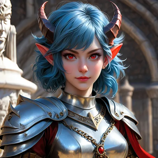 Prompt: Full body visible, oil painting, D&D Fantasy, young 20 years old Tiefling Female, ((Fair-skinned-female, Fair-skinned-female)), Cleric, ((Beautiful detailed face and Red anime eyes)), Tiefling horns)), short tousled Blue hair, Rogueish grin, looking at the viewer, Classic cleric chain mail armour praying in front of a statue, intricate hyper detailed hair, intricate hyper detailed eyelashes, intricate hyper detailed shining pupils, #3238, UHD, hd , 8k eyes, detailed face, big anime dreamy eyes, 8k eyes, intricate details, insanely detailed, masterpiece, cinematic lighting, 8k, complementary colors, golden ratio, octane render, volumetric lighting, unreal 5, artwork, concept art, cover, top model, light on hair colorful glamourous hyperdetailed temple background, intricate hyperdetailed temple background, ultra-fine details, hyper-focused, deep colors, dramatic lighting, ambient lighting | by sakimi chan, artgerm, wlop, pixiv, tumblr, instagram, deviantart