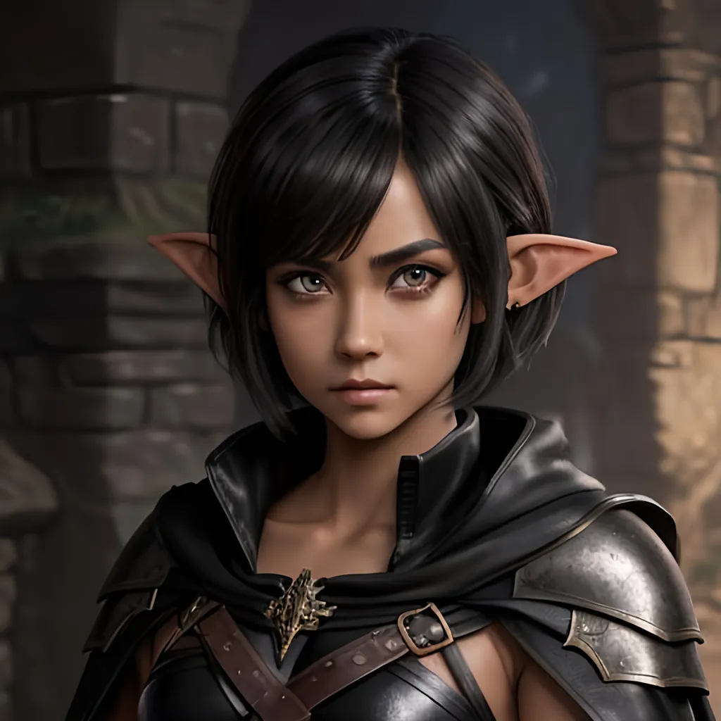 Prompt: masterpiece, splash art, ink painting, beautiful pop idol, D&D fantasy, (25 years old) lightly tanned-skinned hobbit girl, ((beautiful detailed face and large eyes)), determined expression, short dark cut hair, short small pointed ears, serious expression looking at the viewer, wearing detailed leather armor and a dark cloak in a dungeon #3238, UHD, hd , 8k eyes, detailed face, big anime dreamy eyes, 8k eyes, intricate details, insanely detailed, masterpiece, cinematic lighting, 8k, complementary colors, golden ratio, octane render, volumetric lighting, unreal 5, artwork, concept art, cover, top model, light on hair colorful glamourous hyperdetailed medieval city background, intricate hyperdetailed breathtaking colorful glamorous scenic view landscape, ultra-fine details, hyper-focused, deep colors, dramatic lighting, ambient lighting god rays, flowers, garden | by sakimi chan, artgerm, wlop, pixiv, tumblr, instagram, deviantart