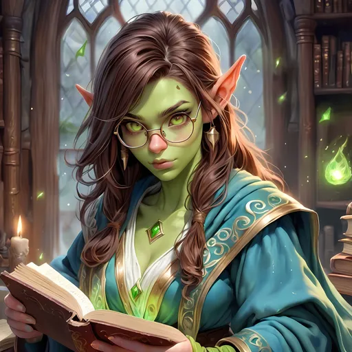 Prompt: Full Body, oil painting, D&D fantasy, very cute, 22 years old half-orc female ((green-skinned-half orc girl)) Wizard, green-skinned-female, ((beautiful detailed face and large glowing brown eyes)), Glasses, rosy cheeks, long rich brown hair, small short pointed ears, ((large tusks)), Determined and concentrating while reading a spell book, intricate detailed shapely ((Blue Wizard robes)), intricate hyper detailed hair, intricate hyper detailed eyelashes, intricate hyper detailed shining pupils #3238, UHD, hd , 8k eyes, detailed face, big anime dreamy eyes, 8k eyes, intricate details, insanely detailed, masterpiece, cinematic lighting, 8k, complementary colors, golden ratio, octane render, volumetric lighting, unreal 5, artwork, concept art, cover, top model, light on hair colorful glamourous hyperdetailed  inside a Wizard tower background, intricate hyperdetailed inside of a Wizard tower background, ultra-fine details, hyper-focused, deep colors, dramatic lighting, ambient lighting god rays, | by sakimi chan, artgerm, wlop, pixiv, tumblr, instagram, deviantart