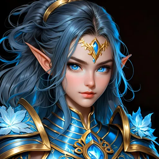 Prompt: Full body visible, oil painting, D&D Fantasy, young 20 years old Elf girl, ((blue-skinned-female, blue-skinned-female)), ((beautiful detailed face and glowing gold anime eyes)), short dark black hair, predatory grin, looking at the viewer, Brown leather armour with a bow, intricate hyper detailed hair, intricate hyper detailed eyelashes, intricate hyper detailed shining pupils, #3238, UHD, hd , 8k eyes, detailed face, big anime dreamy eyes, 8k eyes, intricate details, insanely detailed, masterpiece, cinematic lighting, 8k, complementary colors, golden ratio, octane render, volumetric lighting, unreal 5, artwork, concept art, cover, top model, light on hair colorful glamourous hyperdetailed cave background, intricate hyperdetailed cave background, ultra-fine details, hyper-focused, deep colors, dramatic lighting, ambient lighting | by sakimi chan, artgerm, wlop, pixiv, tumblr, instagram, deviantart