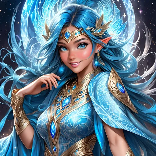 Prompt: Full body, oil painting, fantasy, Pixie girl, tanned-skinned-female, ((beautiful detailed face and glowing blue anime eyes)), bright straight blue hair, rosy cheeks, smiling, looking at the viewer, Elemental sorceress wearing intricate detailed blue robes casting a spell, intricate hyper detailed hair, intricate hyper detailed eyelashes, intricate hyper detailed shining pupils #3238, UHD, hd , 8k eyes, detailed face, big anime dreamy eyes, 8k eyes, intricate details, insanely detailed, masterpiece, cinematic lighting, 8k, complementary colors, golden ratio, octane render, volumetric lighting, unreal 5, artwork, concept art, cover, top model, light on hair colorful glamourous hyperdetailed forest background at night with stars, intricate hyperdetailed breathtaking colorful glamorous scenic view landscape, ultra-fine details, hyper-focused, deep colors, dramatic lighting, ambient lighting god rays, | by sakimi chan, artgerm, wlop, pixiv, tumblr, instagram, deviantart