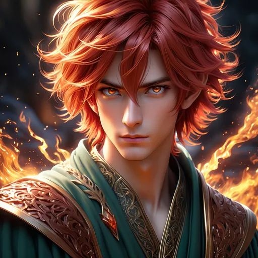 Prompt: Full body, ink painting, fantasy, Hobbit boy ((Male)), short, ((handsome detailed face and eyes)) beautiful fiery red hair, summoner wearing intricate robes and casting a fire spell, intricate hyper detailed hair, intricate hyper detailed eyelashes, intricate hyper detailed shining pupils #3238, UHD, hd , 8k eyes, detailed face, big anime dreamy eyes, 8k eyes, intricate details, insanely detailed, masterpiece, cinematic lighting, 8k, complementary colors, golden ratio, octane render, volumetric lighting, unreal 5, artwork, concept art, cover, top model, light on hair colorful glamourous hyperdetailed, ultra-fine details, hyper-focused, deep colors, dramatic lighting, ambient lighting god rays, | by sakimi chan, artgerm, wlop, pixiv, tumblr, instagram, deviantart