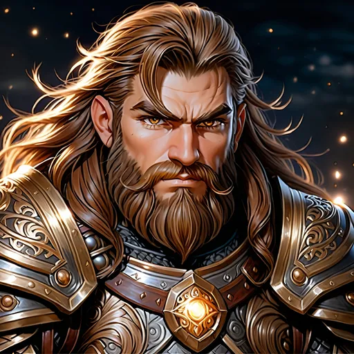 Prompt: Full body visible, oil painting, D&D fantasy, older years old ((Male)) dwarf, ((dwarven rugged older detailed face and hazel anime eyes)), ((Short, stocky, broad shoulders)), long straight light brown hair, long brown Dwarven beard, determined look, looking at the viewer, intricate detailed black magical armor, intricate hyper detailed hair, intricate hyper detailed eyelashes, intricate hyper detailed shining pupils, #3238, UHD, hd , 8k eyes, detailed face, big anime dreamy eyes, 8k eyes, intricate details, insanely detailed, masterpiece, cinematic lighting, 8k, complementary colors, golden ratio, octane render, volumetric lighting, unreal 5, artwork, concept art, cover, top model, light on hair colorful glamourous hyperdetailed plains battlefield background, intricate hyperdetailed plains battlefield background, ultra-fine details, hyper-focused, deep colors, dramatic lighting, ambient lighting | by sakimi chan, artgerm, wlop, pixiv, tumblr, instagram, deviantart