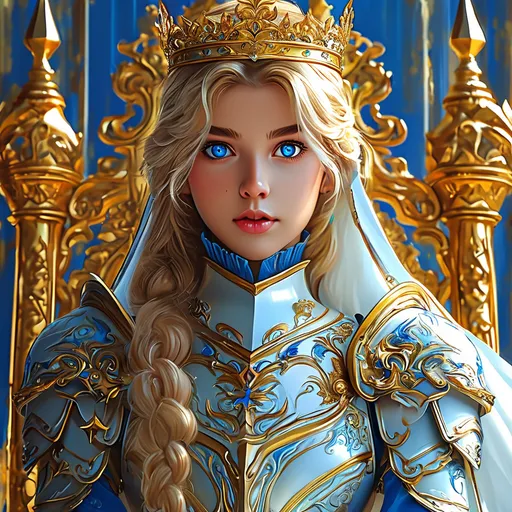 Prompt: Full body visible, oil painting, D&D Fantasy, young 25 years old girl, ((beautiful detailed face and Blue anime eyes)), Warrior, straitened brilliant Bright Blonde hair, Regal Noble Determined grin, looking at the viewer, Regal intricate detailed Golden and White Queen's full plate armour with a small golden crown and a Royal white cape, intricate hyper detailed hair, intricate hyper detailed eyelashes, intricate hyper detailed shining pupils, #3238, UHD, hd , 8k eyes, detailed face, big anime dreamy eyes, 8k eyes, intricate details, insanely detailed, masterpiece, cinematic lighting, 8k, complementary colours, golden ratio, octane render, volumetric lighting, unreal 5, artwork, concept art, cover, top model, light on hair colourful glamorous hyper detailed ((Queen's Throne room background)), intricate hyper detailed ((Queens's Throne room background)), ultra-fine details, hyper-focused, deep colors, dramatic lighting, ambient lighting