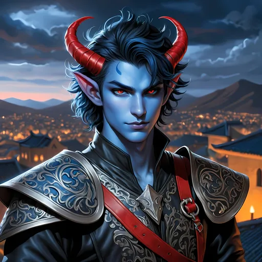 Prompt: Full body visible, oil painting, D&D Fantasy, young 20 years old Tiefling male, ((Fully blue-skinned-Male, blue-skinned-Male)), Thief, ((handsome and boyish detailed face and red eyes, Tiefling horns)), short tousled black hair, Boyish rogueish grin, looking at the viewer, Black sleek leather clothing wielding an intricate dagger on a rooftop at night, intricate hyper detailed hair, intricate hyper detailed eyelashes, intricate hyper detailed shining pupils, #3238, UHD, hd , 8k eyes, detailed face, big anime dreamy eyes, 8k eyes, intricate details, insanely detailed, masterpiece, cinematic lighting, 8k, complementary colors, golden ratio, octane render, volumetric lighting, unreal 5, artwork, concept art, cover, top model, light on hair colorful glamourous hyperdetailed rooftop at night background, intricate hyperdetailed rooftop at night background, ultra-fine details, hyper-focused, deep colors, dramatic lighting, ambient lighting | by sakimi chan, artgerm, wlop, pixiv, tumblr, instagram, deviantart