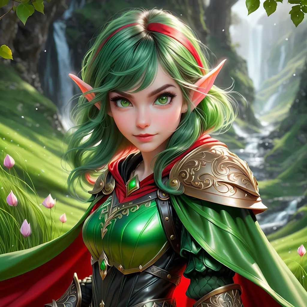 Prompt: Full Body, oil painting, D&D fantasy, very cute, 28 years old gnome female ((fair-skinned-elf girl)) Thief, fair-skinned-female, slender, ((beautiful detailed face and large glowing green eyes)), rosy cheeks, deep Emerald green hair in a pixie cut, determined look, small pointed ears, looking at the viewer, intricate detailed shapely black leather armor and long red cape, intricate hyper detailed hair, intricate hyper detailed eyelashes, intricate hyper detailed shining pupils #3238, UHD, hd , 8k eyes, detailed face, big anime dreamy eyes, 8k eyes, intricate details, insanely detailed, masterpiece, cinematic lighting, 8k, complementary colors, golden ratio, octane render, volumetric lighting, unreal 5, artwork, concept art, cover, top model, light on hair colorful glamourous hyperdetailed tavern, intricate hyperdetailed tavern background, ultra-fine details, hyper-focused, deep colors, dramatic lighting, ambient lighting god rays, | by sakimi chan, artgerm, wlop, pixiv, tumblr, instagram, deviantart