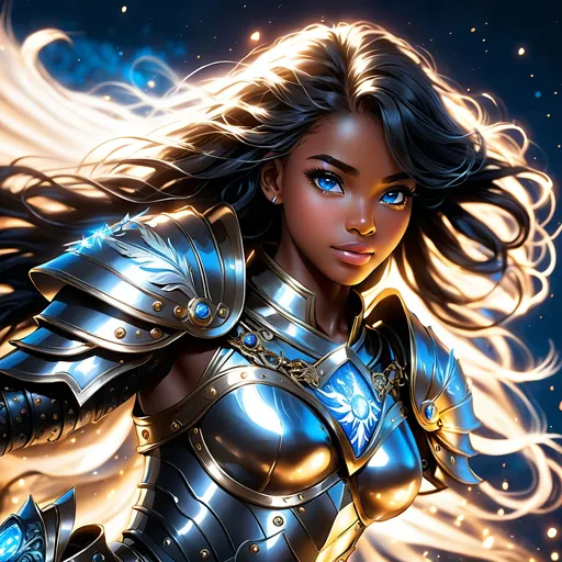 Prompt: Full body visible, oil painting, young 22 years old Human black girl, black-skinned-female, ((beautiful detailed face and glowing anime blue eyes)), long black hair, rosy cheeks, sly grin, looking at the viewer, Paladin wearing full plate armor, raising her holy sword to the sky, intricate hyper detailed hair, intricate hyper detailed eyelashes, intricate hyper detailed shining pupils, #3238, UHD, hd , 8k eyes, detailed face, big anime dreamy eyes, 8k eyes, intricate details, insanely detailed, masterpiece, cinematic lighting, 8k, complementary colors, golden ratio, octane render, volumetric lighting, unreal 5, artwork, concept art, cover, top model, light on hair colorful glamourous hyperdetailed ((Battlefield)) background, intricate hyperdetailed battlefield, ultra-fine details, hyper-focused, deep colors, dramatic lighting, ambient lighting god rays | by sakimi chan, artgerm, wlop, pixiv, tumblr, instagram, deviantart