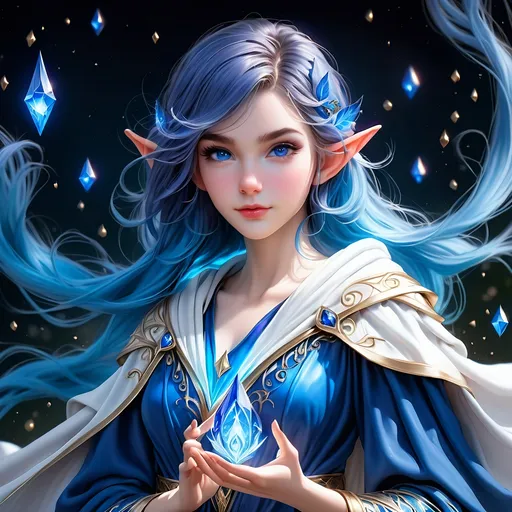 Prompt: Full Body, oil painting, D&D fantasy, very cute, 28 years old elf female ((fair-skinned-elf girl)) wizard, fair-skinned-female, slender, ((beautiful detailed face and large glowing blue eyes)), rosy cheeks, deep sapphire blue hair in a pixie cut, determined look, pointed ears, looking at the viewer, intricate detailed shapely blue and white flowing wizard robes, intricate hyper detailed hair, intricate hyper detailed eyelashes, intricate hyper detailed shining pupils #3238, UHD, hd , 8k eyes, detailed face, big anime dreamy eyes, 8k eyes, intricate details, insanely detailed, masterpiece, cinematic lighting, 8k, complementary colors, golden ratio, octane render, volumetric lighting, unreal 5, artwork, concept art, cover, top model, light on hair colorful glamourous hyperdetailed wizard's study background, intricate hyperdetailed breathtaking wizard's study background, ultra-fine details, hyper-focused, deep colors, dramatic lighting, ambient lighting god rays, | by sakimi chan, artgerm, wlop, pixiv, tumblr, instagram, deviantart