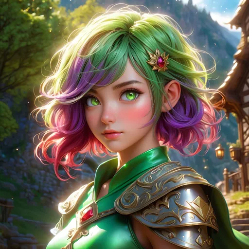 Prompt: Full body, oil painting, D&D fantasy, tanned-skinned-gnome girl, tanned-skinned-female, ((tiny short petite body)), ((beautiful detailed face and glowing anime green eyes)), very cute, determined look, short bright purple hair, pixie cut, pointed ears, looking at the viewer, Ranger wearing intricate red and green adventurer's leather, intricate hyper detailed hair, intricate hyper detailed eyelashes, intricate hyper detailed shining pupils #3238, UHD, hd , 8k eyes, detailed face, big anime dreamy eyes, 8k eyes, intricate details, insanely detailed, masterpiece, cinematic lighting, 8k, complementary colors, golden ratio, octane render, volumetric lighting, unreal 5, artwork, concept art, cover, top model, light on hair colorful glamourous hyperdetailed medieval tavern background, intricate hyperdetailed breathtaking colorful glamorous scenic view landscape, ultra-fine details, hyper-focused, deep colors, dramatic lighting, ambient lighting god rays | by sakimi chan, artgerm, wlop, pixiv, tumblr, instagram, deviantart