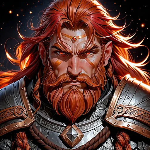 Prompt: Full body visible, oil painting, D&D fantasy, older years old ((Male)) dwarven cleric, ((dwarven rugged older detailed face and hazel anime eyes)), ((Short, stocky, broad shoulders)), long straight light fiery red hair, long red Dwarven beard tied in a cord, short pointed ears, determined look, looking at the viewer, intricate detailed black magical armor, intricate hyper detailed hair, intricate hyper detailed eyelashes, intricate hyper detailed shining pupils, #3238, UHD, hd , 8k eyes, detailed face, big anime dreamy eyes, 8k eyes, intricate details, insanely detailed, masterpiece, cinematic lighting, 8k, complementary colors, golden ratio, octane render, volumetric lighting, unreal 5, artwork, concept art, cover, top model, light on hair colorful glamourous hyperdetailed plains battlefield background, intricate hyperdetailed plains battlefield background, ultra-fine details, hyper-focused, deep colors, dramatic lighting, ambient lighting | by sakimi chan, artgerm, wlop, pixiv, tumblr, instagram, deviantart