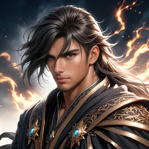 Prompt: Full Body visible, Side Profile, fantasy, tanned-skinned-human ((Male)), tanned-skinned-male, ((handsome detailed face and eyes)) Wziard, Young rugged face, long bright Black hair, and with vibrant Brown eyes with a very stern and serious face looking at the viewer, wearing adventurer's intricate Wizard Robes standing casting a powerful spell on a battlefield surrounded by the dead, intricate hyper detailed hair, intricate hyper detailed eyelashes, intricate hyper detailed shining pupils #3238, UHD, hd , 8k eyes, detailed face, big anime dreamy eyes, 8k eyes, intricate details, insanely detailed, masterpiece, cinematic lighting, 8k, complementary colours, golden ratio, octane render, volumetric lighting, unreal 5, artwork, concept art, cover, top model, light on hair colourful glamorous hyper detailed, intricate hyper detailed breathtaking colourful glamorous scenic view landscape, ultra-fine details, hyper-focused, deep colours, dramatic lighting, ambient lighting god rays,