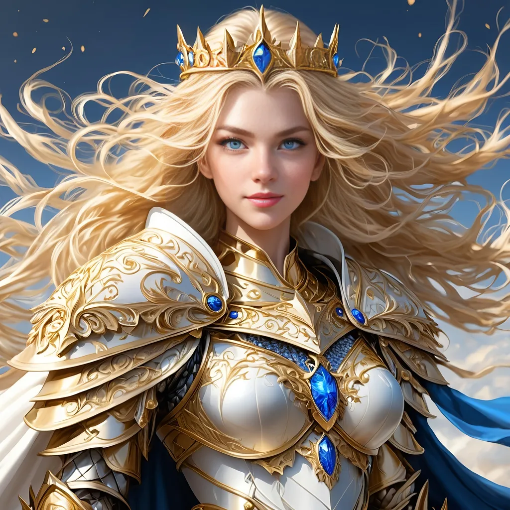 Prompt: Full body visible, D&D Fantasy, young 25 years old girl, ((beautiful detailed face and Blue anime eyes)), Warrior, straitened brilliant Bright Blonde hair, Regal Noble Determined grin, looking at the viewer, Regal intricate detailed Golden and White Queen's full plate armour with a small golden crown and a Royal white cape, intricate hyper detailed hair, intricate hyper detailed eyelashes, intricate hyper detailed shining pupils, #3238, UHD, hd , 8k eyes, detailed face, big anime dreamy eyes, 8k eyes, intricate details, insanely detailed, masterpiece, cinematic lighting, 8k, complementary colours, golden ratio, octane render, volumetric lighting, unreal 5, artwork, concept art, cover, top model, light on hair colourful glamorous hyper detailed ((Queen's Throne room background)), intricate hyper detailed ((Queens's Throne room background)), ultra-fine details, hyper-focused, deep colors, dramatic lighting, ambient lighting