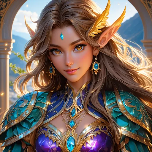 Prompt: Full Body visible, oil painting, D&D fantasy,  ((tanned-skinned-elf noble)), tanned-skinned-female, slender, ((beautiful detailed face and large dark anime eyes)) long wavy dark brown hair, devious smile, pointed ears, looking at the viewer, wearing noble clothes with rapier in hand, intricate hyper detailed hair, intricate hyper detailed eyelashes, intricate hyper detailed shining pupils #3238, UHD, hd , 8k eyes, detailed face, big anime dreamy eyes, 8k eyes, intricate details, insanely detailed, masterpiece, cinematic lighting, 8k, complementary colors, golden ratio, octane render, volumetric lighting, unreal 5, artwork, concept art, cover, top model, light on hair colorful glamourous hyperdetailed, intricate hyperdetailed breathtaking colorful  villa, ultra-fine details, hyper-focused, deep colors, dramatic lighting, ambient lighting god rays, | by sakimi chan, artgerm, wlop, pixiv, tumblr, instagram, deviantart