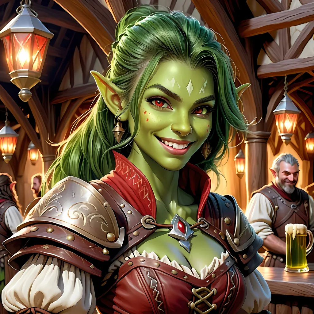 Prompt: Full Body, oil painting, D&D fantasy, very cute, 22 years old orc female ((green-skinned-orc girl)) Bard, green-skinned-female, ((beautiful detailed face and large glowing red eyes)), Pious, rosy cheeks and nose,  long rich dark hair, small pointed ears, ((large tusks)), Happy laughing and singing in a medieval tavern, intricate detailed shapely ((leather bard clothes)), intricate hyper detailed hair, intricate hyper detailed eyelashes, intricate hyper detailed shining pupils #3238, UHD, hd , 8k eyes, detailed face, big anime dreamy eyes, 8k eyes, intricate details, insanely detailed, masterpiece, cinematic lighting, 8k, complementary colors, golden ratio, octane render, volumetric lighting, unreal 5, artwork, concept art, cover, top model, light on hair colorful glamourous hyperdetailed  inside of a Tavern background, intricate hyperdetailed inside of a Tavern background, ultra-fine details, hyper-focused, deep colors, dramatic lighting, ambient lighting god rays, | by sakimi chan, artgerm, wlop, pixiv, tumblr, instagram, deviantart