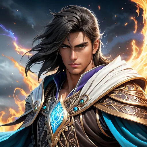 Prompt: Full Body visible, Side Profile, fantasy, tanned-skinned-human ((Male)), tanned-skinned-male, ((handsome detailed face and eyes)) Wziard, Young rugged face, long bright Black hair, and with vibrant Brown eyes with a very stern and serious face looking at the viewer, wearing adventurer's intricate Wizard Robes standing casting a powerful spell on a battlefield surrounded by the dead, intricate hyper detailed hair, intricate hyper detailed eyelashes, intricate hyper detailed shining pupils #3238, UHD, hd , 8k eyes, detailed face, big anime dreamy eyes, 8k eyes, intricate details, insanely detailed, masterpiece, cinematic lighting, 8k, complementary colours, golden ratio, octane render, volumetric lighting, unreal 5, artwork, concept art, cover, top model, light on hair colourful glamorous hyper detailed, intricate hyper detailed breathtaking colourful glamorous scenic view landscape, ultra-fine details, hyper-focused, deep colours, dramatic lighting, ambient lighting god rays,