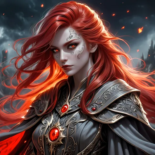 Prompt: Full Body visible, Side Profile, fantasy, Grey-skinned-human ((Female)), Grey-skinned-Undead female, ((beautiful detailed face and Dead Glowing Red eyes)) Wizard, Young beautiful face, long bright brilliant Red hair, and with vibrant Brown eyes with a very stern and serious face looking at the viewer, wearing adventurer's intricate Wizard Robes standing casting a powerful Necromancy spell while leading an army of the dead behind him intricate hyper detailed hair, intricate hyper detailed eyelashes, intricate hyper detailed shining pupils #3238, UHD, hd , 8k eyes, detailed face, big anime dreamy eyes, 8k eyes, intricate details, insanely detailed, masterpiece, cinematic lighting, 8k, complementary colours, golden ratio, octane render, volumetric lighting, unreal 5, artwork, concept art, cover, top model, light on hair colourful glamorous hyper detailed, intricate hyper detailed breathtaking colourful leading an army of the dead, ultra-fine details, hyper-focused, deep colours, dramatic lighting, ambient lighting god rays,