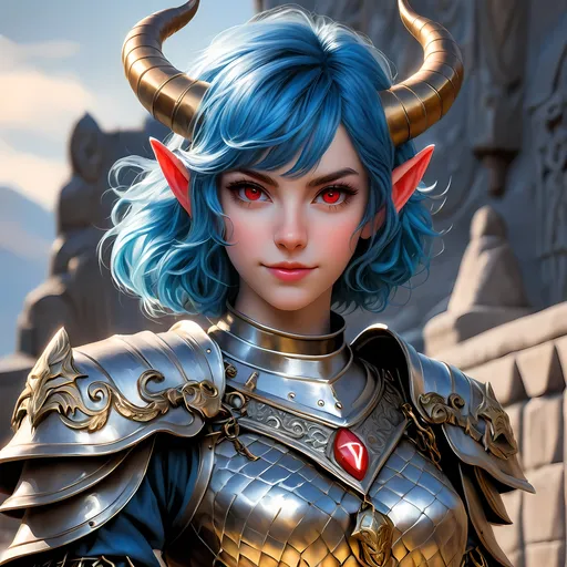 Prompt: Full body visible, oil painting, D&D Fantasy, young 20 years old Tiefling Female, ((Fair-skinned-female, Fair-skinned-female)), Cleric, ((Beautiful detailed face and Red anime eyes)), Tiefling horns)), short tousled Blue hair, Rogueish grin, looking at the viewer, Classic cleric chain mail armour praying in front of a statue, intricate hyper detailed hair, intricate hyper detailed eyelashes, intricate hyper detailed shining pupils, #3238, UHD, hd , 8k eyes, detailed face, big anime dreamy eyes, 8k eyes, intricate details, insanely detailed, masterpiece, cinematic lighting, 8k, complementary colors, golden ratio, octane render, volumetric lighting, unreal 5, artwork, concept art, cover, top model, light on hair colorful glamourous hyperdetailed temple background, intricate hyperdetailed temple background, ultra-fine details, hyper-focused, deep colors, dramatic lighting, ambient lighting | by sakimi chan, artgerm, wlop, pixiv, tumblr, instagram, deviantart