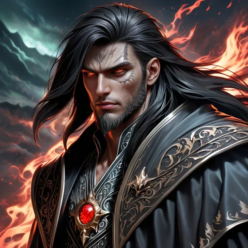 Prompt: Full Body visible, Side Profile, fantasy, tanned-skinned-human ((Male)), Grey-skinned-Undead male, ((handsome detailed face and Dead Glowing Red eyes)) Wizard, Young rugged face, long bright Black hair, and with vibrant Brown eyes with a very stern and serious face looking at the viewer, wearing adventurer's intricate Wizard Robes standing casting a powerful Necromancy spell while leading an army of the dead behind him intricate hyper detailed hair, intricate hyper detailed eyelashes, intricate hyper detailed shining pupils #3238, UHD, hd , 8k eyes, detailed face, big anime dreamy eyes, 8k eyes, intricate details, insanely detailed, masterpiece, cinematic lighting, 8k, complementary colours, golden ratio, octane render, volumetric lighting, unreal 5, artwork, concept art, cover, top model, light on hair colourful glamorous hyper detailed, intricate hyper detailed breathtaking colourful leading an army of the dead, ultra-fine details, hyper-focused, deep colours, dramatic lighting, ambient lighting god rays,