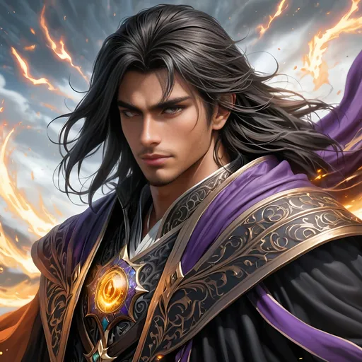 Prompt: Full Body visible, Side Profile, fantasy, tanned-skinned-human ((Male)), tanned-skinned-male, ((handsome detailed face and Dead Black eyes)) Wizard, Young rugged face, long bright Black hair, and with vibrant Brown eyes with a very stern and serious face looking at the viewer, wearing adventurer's intricate Wizard Robes standing casting a powerful spell on a battlefield surrounded by the dead, intricate hyper detailed hair, intricate hyper detailed eyelashes, intricate hyper detailed shining pupils #3238, UHD, hd , 8k eyes, detailed face, big anime dreamy eyes, 8k eyes, intricate details, insanely detailed, masterpiece, cinematic lighting, 8k, complementary colours, golden ratio, octane render, volumetric lighting, unreal 5, artwork, concept art, cover, top model, light on hair colourful glamorous hyper detailed, intricate hyper detailed breathtaking colourful glamorous battlefield surrounded by the dead, ultra-fine details, hyper-focused, deep colours, dramatic lighting, ambient lighting god rays,