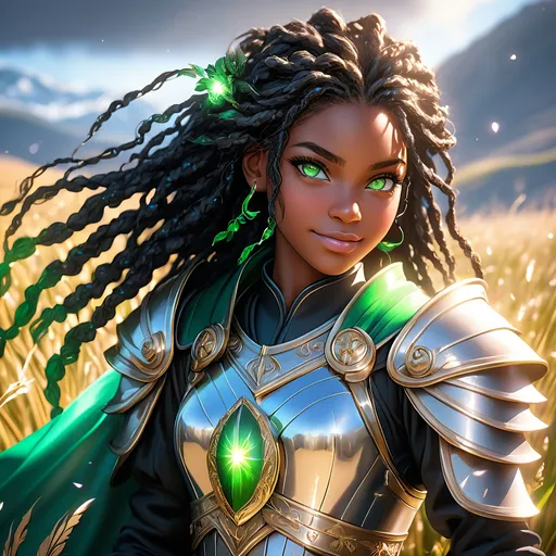 Prompt: Full body, oil painting, young 22 years old Human black girl, black-skinned-female, ((beautiful detailed face and glowing anime green eyes)), dreadlocks black hair, rosy cheeks, smiling, looking at the viewer| shinning silver plate mail holding magical longsword and shield, intricate hyper detailed hair, intricate hyper detailed eyelashes, intricate hyper detailed shining pupils, #3238, UHD, hd , 8k eyes, detailed face, big anime dreamy eyes, 8k eyes, intricate details, insanely detailed, masterpiece, cinematic lighting, 8k, complementary colors, golden ratio, octane render, volumetric lighting, unreal 5, artwork, concept art, cover, top model, light on hair colorful glamourous hyperdetailed ((Battlefield)) background, intricate hyperdetailed breathtaking colorful glamorous scenic view landscape, ultra-fine details, hyper-focused, deep colors, dramatic lighting, ambient lighting god rays | by sakimi chan, artgerm, wlop, pixiv, tumblr, instagram, deviantart