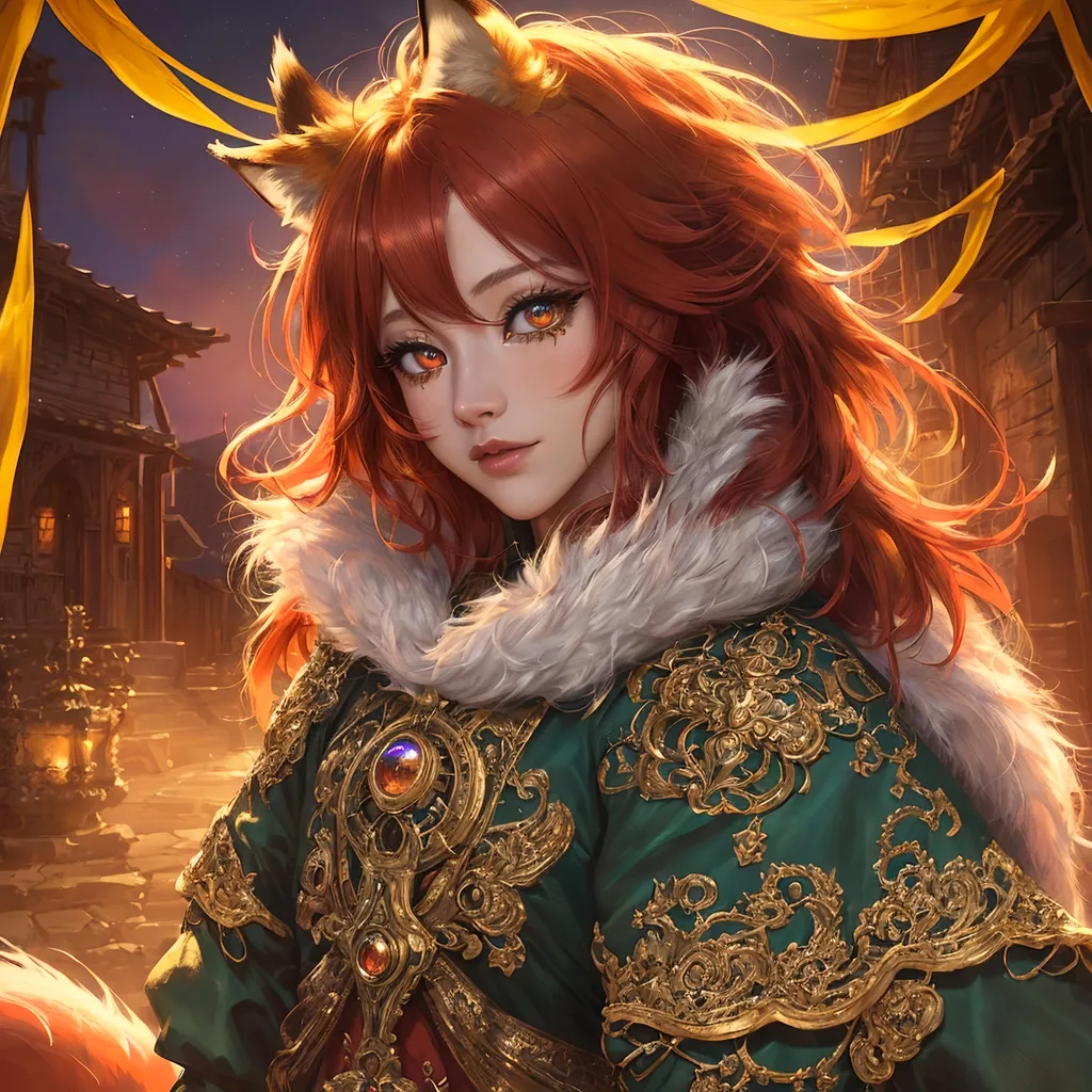 Prompt: Full body visible, oil painting, 26 years old ((anthropomorphic furry fox, Fantasy, Kitsune fox female)), ((anthropomorphic)), detailed fuzzy bright red fur, ((beautiful detailed face with fox bright red haired muzzle and anime eyes)), long fiery red pixie cut hair, grinning and pondering the universe, looking into the distance, intricate detailed wizard outfit, intricate hyper detailed hair, intricate hyper detailed eyelashes, intricate hyper detailed shining pupils, #3238, UHD, hd , 8k eyes, detailed face, big anime dreamy eyes, 8k eyes, intricate details, insanely detailed, masterpiece, cinematic lighting, 8k, complementary colors, golden ratio, octane render, volumetric lighting, unreal 5, artwork, concept art, cover, top model, light on hair colorful glamourous hyperdetailed medieval town background, intricate hyperdetailed medieval town background, ultra-fine details, hyper-focused, deep colors, dramatic lighting, ambient lighting | by sakimi chan, artgerm, wlop, pixiv, tumblr, instagram, deviantart