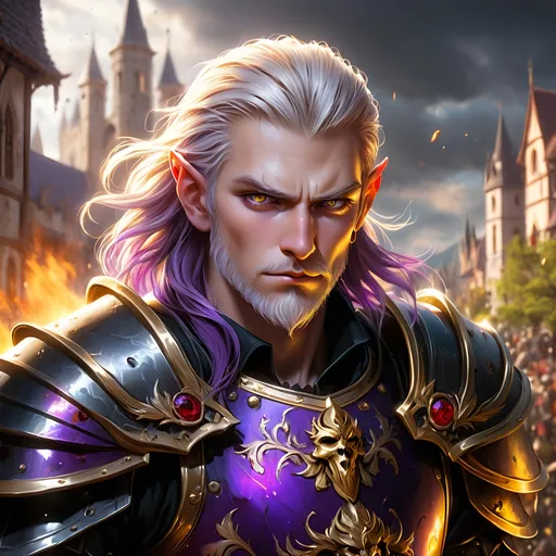 Prompt: Full body visible, oil painting, D&D fantasy, older rugged dignified looking pale-skinned-gnome man, pale-skinned-gnome male, short, clean shaven, ((handsome detailed face and golden eyes)), short purple  hair, cropped hair, ready for battle, pointed ears, looking at the viewer, ((warrior wearing intricate dark black devil themed armor)), intricate hyper detailed hair, intricate hyper detailed eyelashes, intricate hyper detailed shining pupils #3238, UHD, hd , 8k eyes, detailed face, big anime dreamy eyes, 8k eyes, intricate details, insanely detailed, masterpiece, cinematic lighting, 8k, complementary colors, golden ratio, octane render, volumetric lighting, unreal 5, artwork, concept art, cover, top model, light on hair colorful glamourous hyperdetailed medieval city background, intricate hyperdetailed breathtaking bloodied war torn view landscape, ultra-fine details, hyper-focused, deep colors, dramatic lighting, ambient lighting god rays | by sakimi chan, artgerm, wlop, pixiv, tumblr, instagram, deviantart
