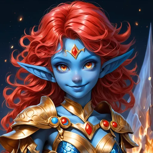 Prompt: Full body visible, oil painting, D&D Fantasy, young 20 years old Gnome girl, ((Fully blue-skinned-female, blue-skinned-female, Blue elf ears)), ((beautiful detailed face and glowing gold anime eyes)), short dyed Vibrant brilliant fiery red hair with brilliant blue highlights, predatory grin, looking at the viewer, Cleavage, perky, real, Brown leather armour with a bow, intricate hyper detailed hair, intricate hyper detailed eyelashes, intricate hyper detailed shining pupils, #3238, UHD, hd , 8k eyes, detailed face, big anime dreamy eyes, 8k eyes, intricate details, insanely detailed, masterpiece, cinematic lighting, 8k, complementary colors, golden ratio, octane render, volumetric lighting, unreal 5, artwork, concept art, cover, top model, light on hair colorful glamourous hyperdetailed cave background, intricate hyperdetailed cave background, ultra-fine details, hyper-focused, deep colors, dramatic lighting, ambient lighting | by sakimi chan, artgerm, wlop, pixiv, tumblr, instagram, deviantart