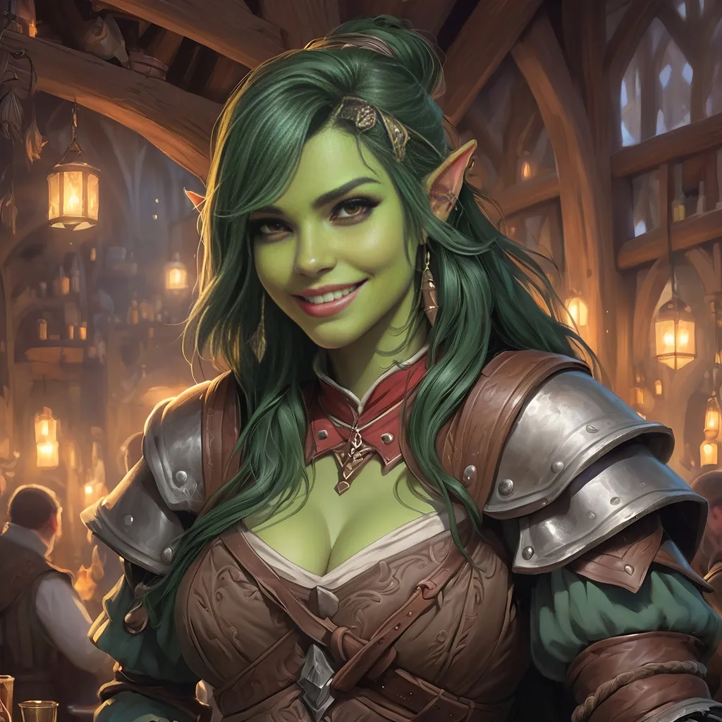 Prompt: Full Body, oil painting, D&D fantasy, very cute, 22 years old half orc female ((green-skinned-orc girl)) Bard, green-skinned-female, ((beautiful detailed face and large glowing red eyes)), Pious, rosy cheeks and nose,  long rich black hair, small pointed ears, ((large tusks)), Happy laughing and singing in a medieval tavern, intricate detailed shapely ((leather bard clothes)), intricate hyper detailed hair, intricate hyper detailed eyelashes, intricate hyper detailed shining pupils #3238, UHD, hd , 8k eyes, detailed face, big anime dreamy eyes, 8k eyes, intricate details, insanely detailed, masterpiece, cinematic lighting, 8k, complementary colors, golden ratio, octane render, volumetric lighting, unreal 5, artwork, concept art, cover, top model, light on hair colorful glamourous hyperdetailed  inside of a Tavern background, intricate hyperdetailed inside of a Tavern background, ultra-fine details, hyper-focused, deep colors, dramatic lighting, ambient lighting god rays, | by sakimi chan, artgerm, wlop, pixiv, tumblr, instagram, deviantart