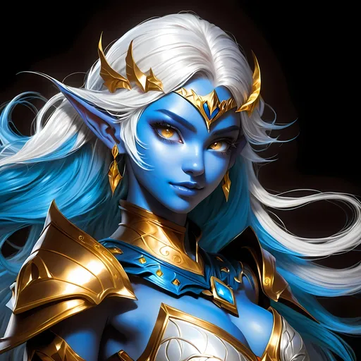 Prompt: Full body visible, oil painting, D&D Fantasy, young 20 years old Elf girl, ((Fully blue-skinned-female, blue-skinned-female, Blue elf ears)), ((beautiful detailed face and glowing gold anime eyes)), short Brilliant vibrant White hair, predatory grin, looking at the viewer, Brown leather armour with a bow, intricate hyper detailed hair, intricate hyper detailed eyelashes, intricate hyper detailed shining pupils, #3238, UHD, hd , 8k eyes, detailed face, big anime dreamy eyes, 8k eyes, intricate details, insanely detailed, masterpiece, cinematic lighting, 8k, complementary colors, golden ratio, octane render, volumetric lighting, unreal 5, artwork, concept art, cover, top model, light on hair colorful glamourous hyperdetailed cave background, intricate hyperdetailed cave background, ultra-fine details, hyper-focused, deep colors, dramatic lighting, ambient lighting | by sakimi chan, artgerm, wlop, pixiv, tumblr, instagram, deviantart