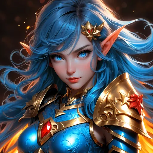 Prompt: Full body visible, oil painting, D&D Fantasy, young 20 years old Elf girl, ((Fully blue-skinned-female, blue-skinned-female, Blue elf ears)), ((beautiful detailed face and glowing gold anime eyes)), short Vibrant Dark hair with fiery red highlights, predatory grin, looking at the viewer, Brown leather armour with a bow, intricate hyper detailed hair, intricate hyper detailed eyelashes, intricate hyper detailed shining pupils, #3238, UHD, hd , 8k eyes, detailed face, big anime dreamy eyes, 8k eyes, intricate details, insanely detailed, masterpiece, cinematic lighting, 8k, complementary colors, golden ratio, octane render, volumetric lighting, unreal 5, artwork, concept art, cover, top model, light on hair colorful glamourous hyperdetailed cave background, intricate hyperdetailed cave background, ultra-fine details, hyper-focused, deep colors, dramatic lighting, ambient lighting | by sakimi chan, artgerm, wlop, pixiv, tumblr, instagram, deviantart