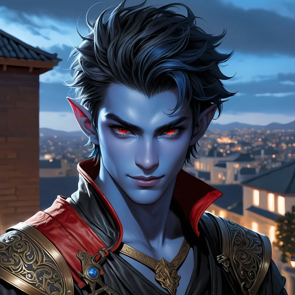 Prompt: Full body visible, oil painting, D&D Fantasy, young 20 years old Tiefling male, ((Fully blue-skinned-Male, blue-skinned-Male)), Thief, ((handsome and boyish detailed face and red eyes)), short tousled black hair, Boyish rogueish grin, looking at the viewer, Black sleek leather clothing wielding an intricate dagger on a rooftop at night, intricate hyper detailed hair, intricate hyper detailed eyelashes, intricate hyper detailed shining pupils, #3238, UHD, hd , 8k eyes, detailed face, big anime dreamy eyes, 8k eyes, intricate details, insanely detailed, masterpiece, cinematic lighting, 8k, complementary colors, golden ratio, octane render, volumetric lighting, unreal 5, artwork, concept art, cover, top model, light on hair colorful glamourous hyperdetailed rooftop at night background, intricate hyperdetailed rooftop at night background, ultra-fine details, hyper-focused, deep colors, dramatic lighting, ambient lighting | by sakimi chan, artgerm, wlop, pixiv, tumblr, instagram, deviantart