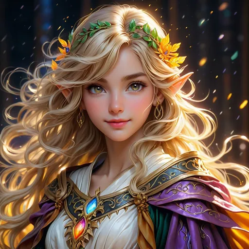 Prompt: Full Body, oil painting, D&D fantasy, very cute young ((light-skinned-elf girl)), light-skinned-female, slender, ((beautiful detailed face and large black eyeless eyes)) long wavy dirty blonde hair, smiling but determined, pointed ears, looking at the viewer, holy witch wearing rags and robes, intricate hyper detailed hair, intricate hyper detailed eyelashes, intricate hyper detailed shining pupils #3238, UHD, hd , 8k eyes, detailed face, big anime dreamy eyes, 8k eyes, intricate details, insanely detailed, masterpiece, cinematic lighting, 8k, complementary colors, golden ratio, octane render, volumetric lighting, unreal 5, artwork, concept art, cover, top model, light on hair colorful glamourous hyperdetailed, intricate hyperdetailed breathtaking colorful  burning village, ultra-fine details, hyper-focused, deep colors, dramatic lighting, ambient lighting god rays, | by sakimi chan, artgerm, wlop, pixiv, tumblr, instagram, deviantart