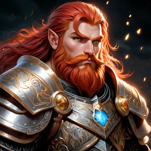 Prompt: Full body visible, oil painting, D&D fantasy, older years old ((Male)) Gold Dwarf, ((Stocky dwarf build, rugged older detailed face and hazel eyes)), Cleric, ((Short, stocky, slightly chubby, broad shoulders)), long straight bright red hair, long bright red Dwarven beard, short pointed ears, determined look, looking at the viewer, intricate detailed black magical armour and using a large metal shield, intricate hyper detailed hair, intricate hyper detailed eyelashes, intricate hyper detailed shining pupils, #3238, UHD, hd , 8k eyes, detailed face, big anime dreamy eyes, 8k eyes, intricate details, insanely detailed, masterpiece, cinematic lighting, 8k, complementary colors, golden ratio, octane render, volumetric lighting, unreal 5, artwork, concept art, cover, top model, light on hair colorful glamourous hyperdetailed plains battlefield background, intricate hyperdetailed plains battlefield background, ultra-fine details, hyper-focused, deep colors, dramatic lighting, ambient lighting | by sakimi chan, artgerm, wlop, pixiv, tumblr, instagram, deviantart