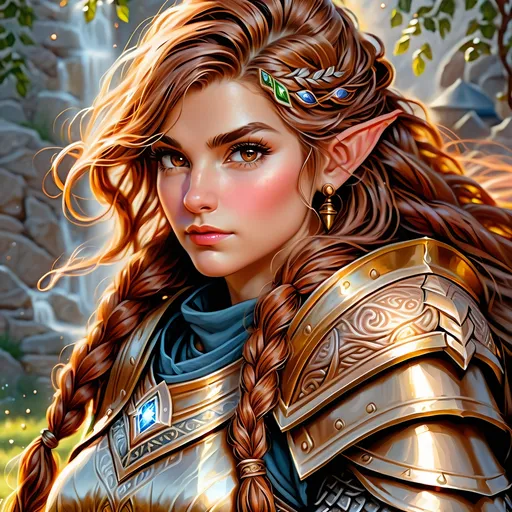 Prompt: Full body visible, oil painting, D&D fantasy, older ((Female)) dwarven cleric, ((beautiful detailed face and large brown eyes)), ((Short stocky broad shoulders)), rosy cheeks, long braided hazel hair, short pointed ears, determined look, looking at the viewer, intricate detailed holy cleric magical armor, intricate hyper detailed hair, intricate hyper detailed eyelashes, intricate hyper detailed shining pupils, #3238, UHD, hd , 8k eyes, detailed face, big anime dreamy eyes, 8k eyes, intricate details, insanely detailed, masterpiece, cinematic lighting, 8k, complementary colors, golden ratio, octane render, volumetric lighting, unreal 5, artwork, concept art, cover, top model, light on hair colorful glamourous hyperdetailed mountain temple background, intricate hyperdetailed mountain temple background, ultra-fine details, hyper-focused, deep colors, dramatic lighting, ambient lighting | by sakimi chan, artgerm, wlop, pixiv, tumblr, instagram, deviantart