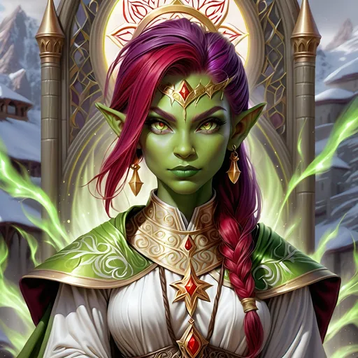 Prompt: Full Body, oil painting, D&D fantasy, very cute, 28 years old orc female ((green-skinned-orc girl)) Cleric, green-skinned-female, ((beautiful detailed face and large glowing red eyes)), Pious, rosy cheeks and nose,  long rich purple hair, praying, small pointed ears, ((large tusks)), praying, intricate detailed shapely ((white and gold priest robes)), intricate hyper detailed hair, intricate hyper detailed eyelashes, intricate hyper detailed shining pupils #3238, UHD, hd , 8k eyes, detailed face, big anime dreamy eyes, 8k eyes, intricate details, insanely detailed, masterpiece, cinematic lighting, 8k, complementary colors, golden ratio, octane render, volumetric lighting, unreal 5, artwork, concept art, cover, top model, light on hair colorful glamourous hyperdetailed temple background, intricate hyperdetailed temple background, ultra-fine details, hyper-focused, deep colors, dramatic lighting, ambient lighting god rays, | by sakimi chan, artgerm, wlop, pixiv, tumblr, instagram, deviantart