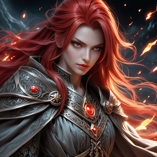 Prompt: Full Body visible, Side Profile, fantasy, Grey-skinned-human ((Female)), Grey-skinned-Undead female, ((beautiful detailed face and Dead Glowing Red eyes)) Wizard, Young beautiful face, long bright brilliant Red hair, and with vibrant Brown eyes with a very stern and serious face looking at the viewer, wearing adventurer's intricate Wizard Robes standing casting a powerful Necromancy spell while leading an army of the dead behind him intricate hyper detailed hair, intricate hyper detailed eyelashes, intricate hyper detailed shining pupils #3238, UHD, hd , 8k eyes, detailed face, big anime dreamy eyes, 8k eyes, intricate details, insanely detailed, masterpiece, cinematic lighting, 8k, complementary colours, golden ratio, octane render, volumetric lighting, unreal 5, artwork, concept art, cover, top model, light on hair colourful glamorous hyper detailed, intricate hyper detailed breathtaking colourful leading an army of the dead, ultra-fine details, hyper-focused, deep colours, dramatic lighting, ambient lighting god rays,