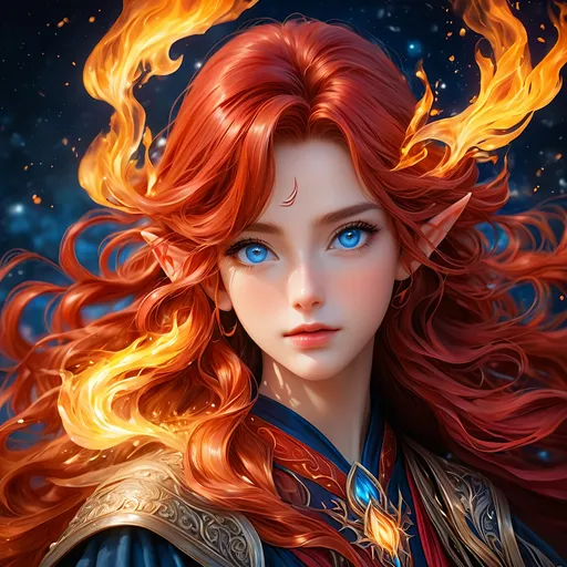 Prompt: "Full body, oil painting, fantasy, anime portrait of a young hobbit woman with flowing fiery red hair and dark blue eyes, short elf ears, ((beautiful detailed face and large anime eyes)), Elemental fire sorceress wearing intricate fiery red wizard robes casting a flame spell, intricate hyper detailed hair, intricate hyper detailed eyelashes, intricate hyper detailed shining pupils #3238, UHD, hd , 8k eyes, detailed face, big anime dreamy eyes, 8k eyes, intricate details, insanely detailed, masterpiece, cinematic lighting, 8k, complementary colors, golden ratio, octane render, volumetric lighting, unreal 5, artwork, concept art, cover, top model, light on hair colorful glamourous hyperdetailed, intricate hyperdetailed breathtaking colorful glamorous scenic view landscape, ultra-fine details, hyper-focused, deep colors, dramatic lighting, ambient lighting god rays, | by sakimi chan, artgerm, wlop, pixiv, tumblr, instagram, deviantart