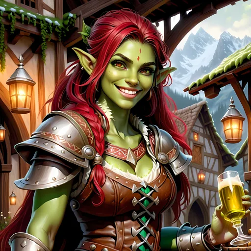 Prompt: Full Body, oil painting, D&D fantasy, very cute, 22 years old orc female ((green-skinned-orc girl)) Bard, green-skinned-female, ((beautiful detailed face and large glowing red eyes)), Pious, rosy cheeks and nose,  long rich dark hair, small pointed ears, ((large tusks)), Happy laughing and singing in a medieval tavern, intricate detailed shapely ((leather bard clothes)), intricate hyper detailed hair, intricate hyper detailed eyelashes, intricate hyper detailed shining pupils #3238, UHD, hd , 8k eyes, detailed face, big anime dreamy eyes, 8k eyes, intricate details, insanely detailed, masterpiece, cinematic lighting, 8k, complementary colors, golden ratio, octane render, volumetric lighting, unreal 5, artwork, concept art, cover, top model, light on hair colorful glamourous hyperdetailed  inside of a Tavern background, intricate hyperdetailed inside of a Tavern background, ultra-fine details, hyper-focused, deep colors, dramatic lighting, ambient lighting god rays, | by sakimi chan, artgerm, wlop, pixiv, tumblr, instagram, deviantart